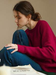 Knit Mix Fluffy Knit Drop Shoulder Jumper - Burgundy - View 6