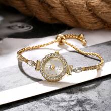 1 Stück Uhr mit Strass, goldfarbenes/silberfarbenes rundes Zifferblatt, Quarzuhrwerk, verstellbares Armband, raffinierte Party-/Geschenkuhr