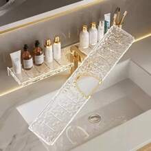 1pc Acrylic Bathroom Vanity Water Wave Pattern Hanging Organizer Rack, Transparent Wall Mount Shower Caddy Back To School