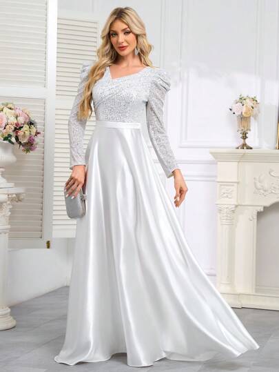 hezixi Mangas compridas com decote em V e lantejoulas elásticas de alta qualidade, corte justo e bainha em cauda de peixe, apresentando um vestido longo elegante e luxuoso para mulheres, tornando-as mais jovens e charmosas, adequado para várias festas, formaturas, casamentos, eventos e vários banquetes e festas dançantes, vestido de baile formal para mulheres (edição de luxo)