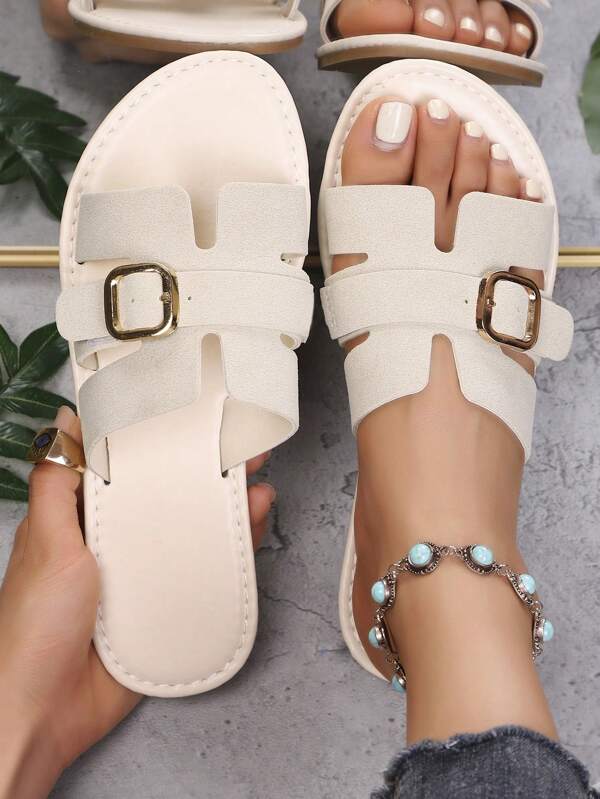 1 Pair Women's Flat Round Toe Solid Color Slide Sandals, Fashion Outdoor Beach Slippers, Summer