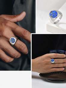 1 pieza Anillo unisex simple de acero inoxidable y lapislázuli - Azul - Ver 3