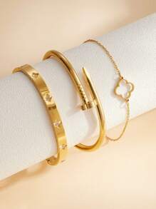 Conjunto de joyería de 3 piezas de pulsera de acero inoxidable chapado en oro de 18 quilates con trébol de cuatro hojas, adecuado para mujer, para uso diario, estilo europeo y americano, personalizado, generoso, con circonita cúbica de lujo, regalo para chicas, damas, familiares, amigos, para boda, cumpleaños, San Valentín, Día de la Madre