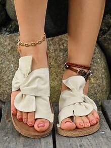 Rainbow Bow Decor Women's Flat Sandals, Comfortable Massage Sole Colorful Beach Slippers - Beige - View 3