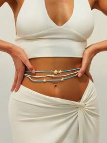 3 peças Corrente de Cintura/Corpo com Contas de Estrela do Mar e Concha em Estilo Boêmio da Praia da Moda, Joia de Corpo Sexy para Mulheres, Adequada para Uso Diário e Decoração de Férias na Praia