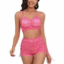 Bikini Sets For Women Floral Print Top And Drawstring Side Shorts Bikini Bathing Suits 2 Piece Swimsuit - Hotpink Floral - View 1