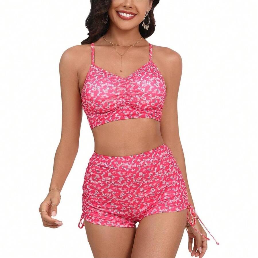 Bikini Sets For Women Floral Print Top And Drawstring Side Shorts Bikini Bathing Suits 2 Piece Swimsuit - Hotpink Floral - View 1
