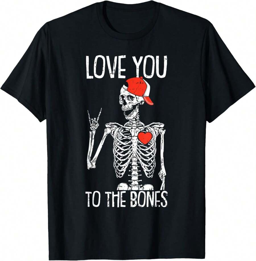 Te amo hasta los huesos Camiseta de Día de San Valentín con mano de esqueleto de roca - Negro - Ver 1