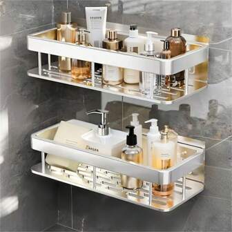 1 件/2 件壁挂式淋浴架，大容量，铝合金，安装无需钻孔，粘贴式浴室淋浴架，浴室和厨房的浮动架子，储物架，节省空间，易于安装，用于存放洗漱用品、化妆品和杂物，卫生间、浴室、梳妆台、淋浴房