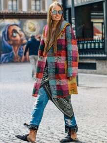 Women's Casual Plaid Print Long Sleeve Hooded Open Front Jacket With Pockets, Fashionable And Chic Street Style Plaid Coat, Autumn/Winter