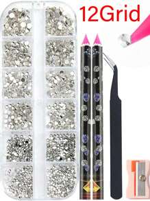 Cristal Strass Decoração de Unhas Conjunto de Tamanhos Mistos Pedras Planas Claras e AB Inferiores, Gemas de Diamante DIY Ferramenta de Arte de Unhas Caneta Pontilhadora, Pinça, Suprimentos para Unhas