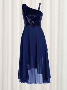 Vestido de fiesta para mujer con lentejuelas, de un hombro, sin mangas, cintura alta, estilo línea A, largo midi, vestido de fiesta de talla alta