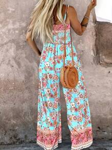 Women's Floral Print Wide-Leg Jumpsuit With Adjustable Straps And Pockets - Elegant Summer Overalls In Blue, Pink, Yellow, Orange, And White Flowers, Summer Out Digital Print Fabric, Floral Print Jumpsuit