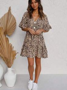Women's Polka Dot Print Short Sleeve V-Neck Casual Elegant Dress