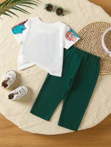 幼儿男童夏季卡通动物印花短袖 T 恤搭配纯绿色休闲裤儿童 2 件套