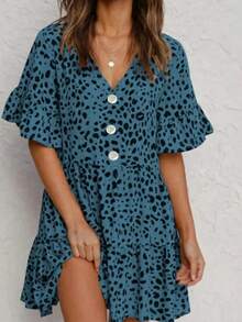 女式圆点印花短袖V领休闲优雅连衣裙 - 藍色 - 查看 1