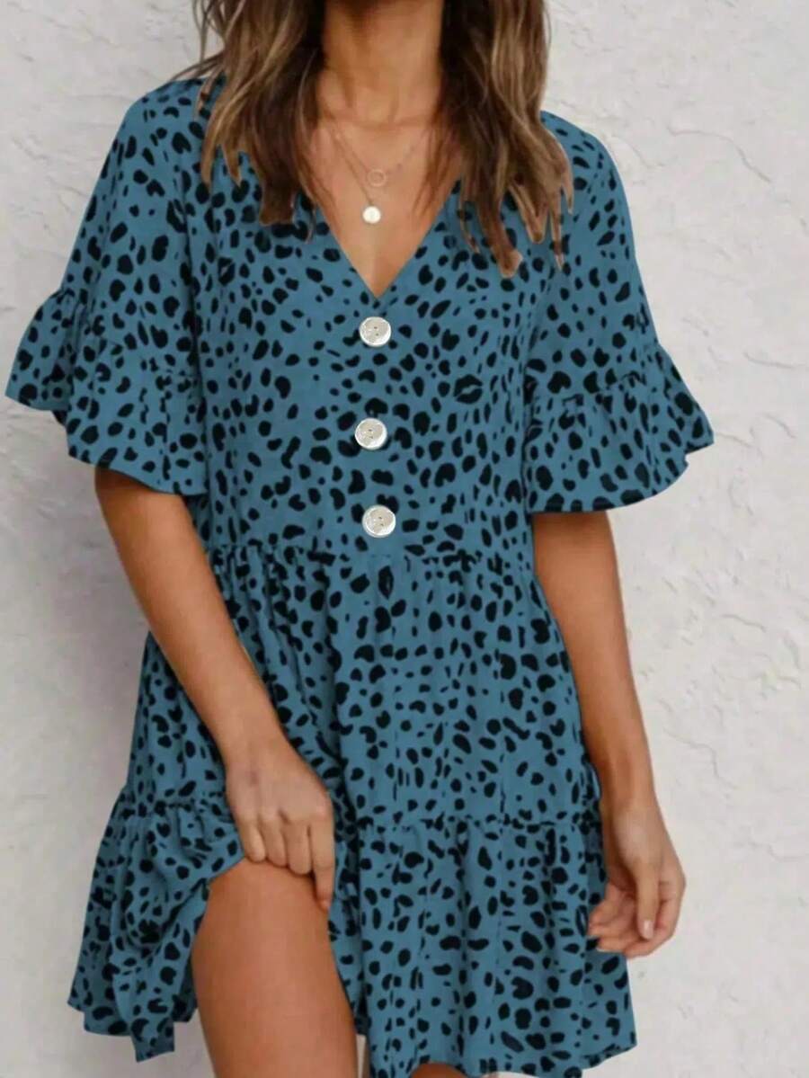 女式圆点印花短袖V领休闲优雅连衣裙 - 藍色 - 查看 1