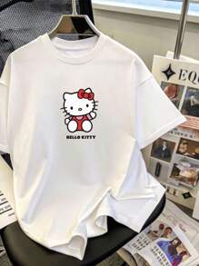 Sanrio Oversized Sanrio Hello Kitty Cute Print T-Shirt, Summer Basic Women Tops, Hello Kitty Summer Oversized T-Shirt