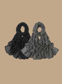 2pcs/1pc Wide-Brim Chiffon Scarf For Women, Fashionable Breathable Long Scarf, Muslim Hijab Headscarf, Suitable For Daily Comfortable And Versatile Wear