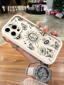 1 pieza Funda de teléfono elegante y simple con patrón de línea de luna y mariposa en lente de arena beige, Body completo a prueba de golpes, grueso TPU, compatible con iPhone/Redmi/VIVO/OPPO, versión internacional a prueba de agua, resistente a caídas y arañazos, no la versión nacional - Beis - Ver 8