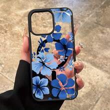 A Fashionable Magnetic Phone Case With Blue Floral Patterns Suitable For IPhone17PROMA 16 Pro Max 15 Plus 14 13 12 11 XS Max XR X - 黑色 - 查看 1