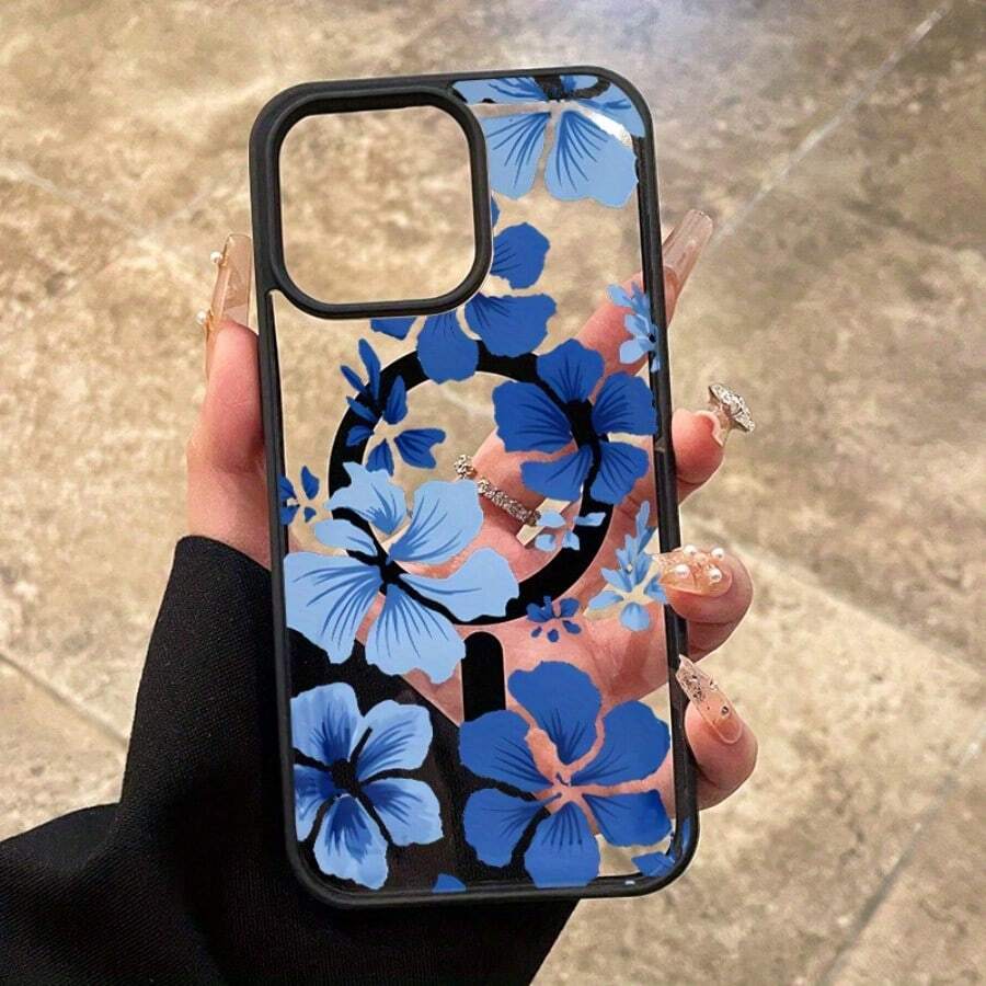 A Fashionable Magnetic Phone Case With Blue Floral Patterns Suitable For IPhone17PROMA 16 Pro Max 15 Plus 14 13 12 11 XS Max XR X - 黑色 - 查看 1