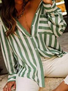 女士休闲条纹印花长袖衬衫
