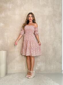 Short Lastex Dress/Short Sleeve/Off-Shoulder/Floral/Print/36-42/Women - 111-vERMELHO - View 4