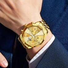 OLEVS. OLEVS Watches For Men Business Dress Luxury Casual Chronograph Multifunction Analog Quartz Stainless Steel Waterproof Luminous Moon Phase Date Men Wrist Watches Reloj Para Hombre - 金色 - 查看 2