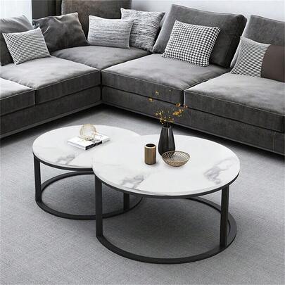 Marble Nesting Table Set - Round Wooden Coffee & Side Tables For Home Furniture