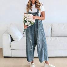 Women Loose Adjustable Strap Denim Bib Overall Jeans Distressed Wide Leg Baggy Overalls Jumpsuit - Black - View 3