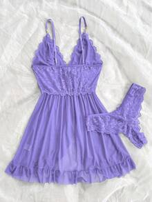 Váy ngủ camisole ren trơn màu lãng mạn cho nữ kèm quần lót ren đồng bộ, thiết kế cổ chữ V tôn lên đường cổ thanh lịch, họa tiết ren tinh tế tăng vẻ nữ tính mềm mại, gấu váy và ngực bèo nhún bay bổng tạo nét quyến rũ tinh nghịch, quà tặng lý tưởng cho các dịp lễ - Màu tím hoa cà - Xem 3