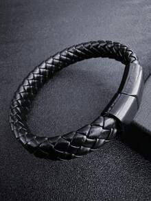 1 件扣男士 PU 皮革手链，钛钢朋克编织腕带圣诞新年情人节节日礼物
