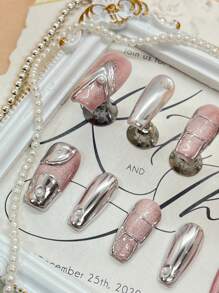10 Unhas Postiças Cobertas Totalmente Feitas à Mão, Estilo Caixão, Estilo Olho de Gato Com Adorno Metálico de Pérolas, Adequado para Mulheres e Meninas, Com 1 Almofada de Gelatina e 1 Lima de Unha