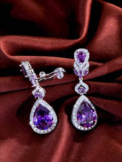 1 Pair Elegant Cubic Zirconia Purple Teardrop Dangle Clip On Earrings For Women, Non-Pierced, Silver-Plated, CZ Bridal Costume Jewelry For Wedding, Banquet, Party, Engagement, Bridesmaids Gift