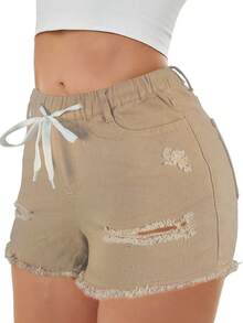 Women Elastic Drawstring Waist Distressed Denim Shorts With Pockets - Apricot - View 4