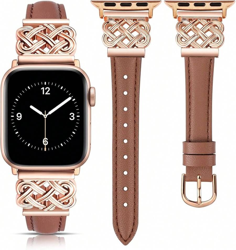 Compatible con correas de Watch para mujeres de 38/40/41/42mm, correa de cuero elegante y delgada con hebilla de nudo celta entrelazado para Series 11 10 9 8 6 5 4 SE 3 2 1, Starlight - Marrón/Oro rosa - Ver 1
