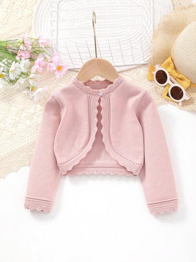 Elegant Hollow Lace Trim Knitted Shrugs For Baby Girls, Perfect Gift For Babies, Autumn/Winter