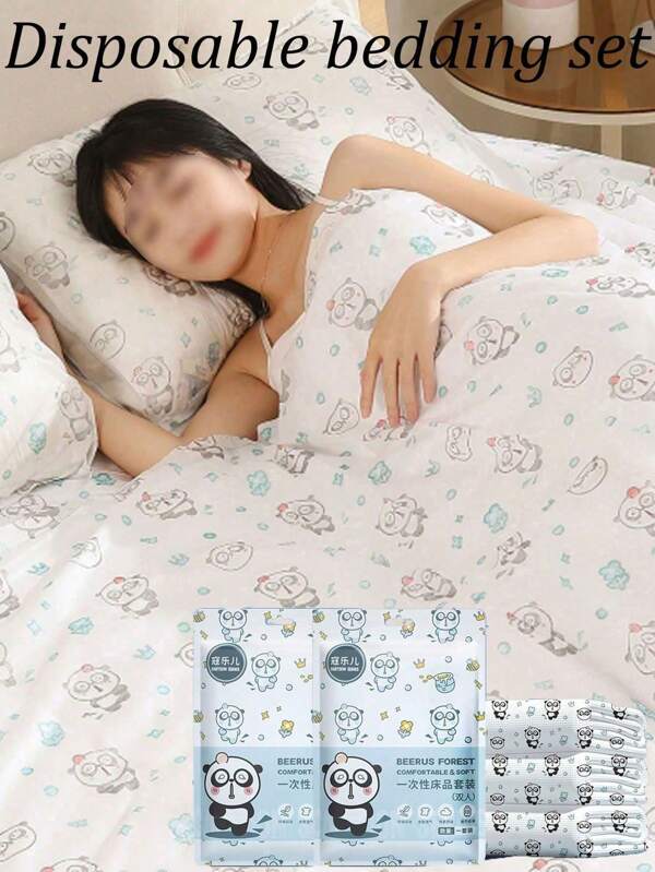Cartoon Printed Disposable Bedding Set, Disposable Bed Sheets For Hotel And Business Trips Travel Accessories, Clean And Hygienic Travel Essentials, Bed Sheets And Quilt Covers,Ideal Gift For Friends And Family Vacation Summer Holiday Back To School