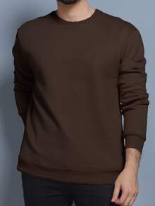 Cold Weather Sweatshirt Without Hood Round Neck Plain With Plush 3 Cables High Quality Unisex - 咖啡棕 - 查看 2