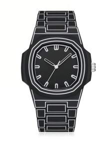 1pc Black, White & Green Men's Cartoon Line Quartz Wrist Watch, Fashionable Creative Minimalist Design, Suitable For Business, Casual, Sports, Gift For Men