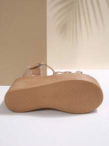 Women's 2025 Spring/Summer New Wedge Thick Bottom Beach Vacation Strap Woven Design High Heel Sandals, Dress Style Fashion High Heel Slippers - 金色 - 查看 4