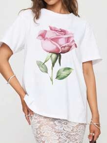 Women's Loose Tops Summer Causal Fruit Print/Rose Print Loose Round Neck Half Sleeve T Shirt