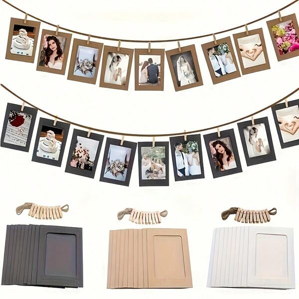 Set de regalo de 10 piezas de pinzas de fotos DIY - Pinzas de madera y marcos de papel kraft para decoración de pared, dormitorio, patio, Halloween, Navidad, boda - Blanco/Negro/Marrón