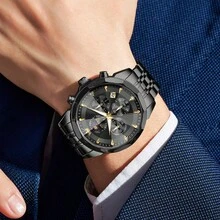 OLEVS. OLEVS Watches For Men Business Dress Luxury Casual Chronograph Multifunction Analog Quartz Stainless Steel Waterproof Luminous Moon Phase Date Men Wrist Watches Reloj Para Hombre - 全黑 - 查看 2