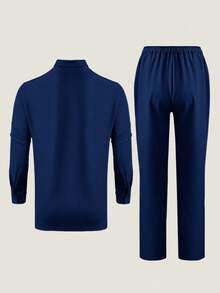 2 件套男士 Dashiki，经典休闲衬衫，长袖，领子，纽扣，口袋，前开衩下摆，松紧腰裤，街头潮流，适合聚会、约会、婚礼、文化活动、传统仪式 - 藍色 - 查看 4