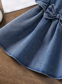 Summer New Baby Girls' Cute Bow Decor Cap Sleeves Denim Dress, Casual