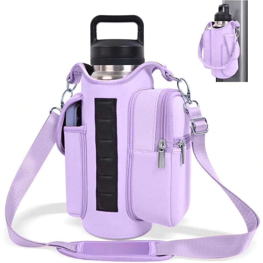 Magnetic Water Bottle Holder, Secure Magnetic Gym Bag Attach,Water Bottle Carrier Bag, Magnetic Stainless Steel Cup Holderwith Phone Pocket And Adjustable Shoulder Strap,Hiking Essentials,Suitable For Both Men And Women - 紫色 - 查看 1