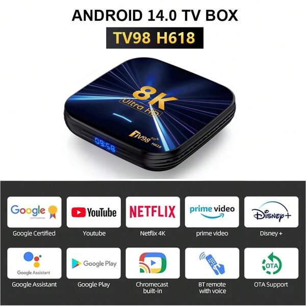 Q96 OHP Caja de TV inteligente Android 14 A TV98 H618 con procesador Allwinner H313, compatible con 4G y 5G, Wifi 6 dual, reproduce video HD y 8K, control por voz para reuniones familiares y entretenimiento