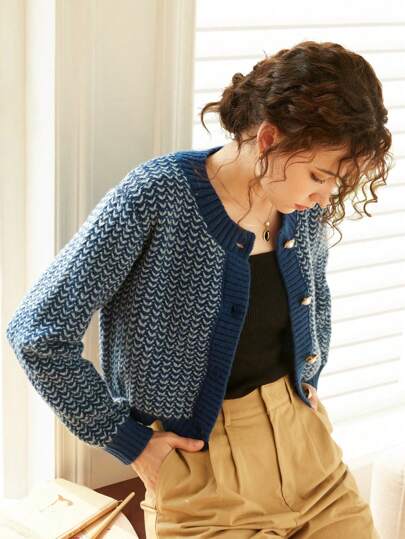 Knit Mix Elegante cárdigan de punto elegante y versátil para mujer, estilo francés, de manga larga y cuello redondo, para otoño e invierno, ideal para Navidad, Acción de Gracias y Año Nuevo